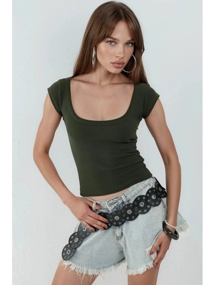 Hiccup Kadınlar Busem Slim Fit Ribana U Yaka Bluz Haki Yeşil