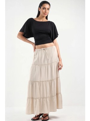 Hiccup Kadınlar Busem Yüksek Bel Dokulu Maksi Etek Bej Doğal