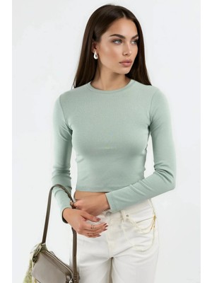 Hiccup Kadınlar Busem Bisiklet Yaka Uzun Kollu Crop Üst Adaçayı Yeşili