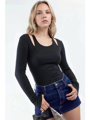 Hiccup Kadınlar Busem Slim Fit Uzun Kollu U Yakalı Bluz Siyah