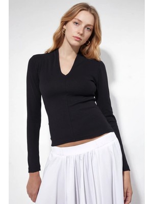Hiccup Kadınlar Busem Slim Fit V Yaka Uzun Kollu Bluz Siyah