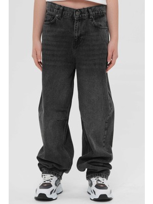 Haykids Kız Çocuk Kahverengi Wide Leg Pantolon Beli Lastikli Halat Detaylı Baggy Kot Jean