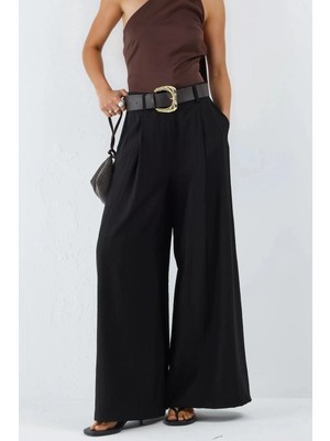 Hiccup Kadınlar Busem Yüksek Bel Pileli Geniş Paçalı Pantolon Siyah