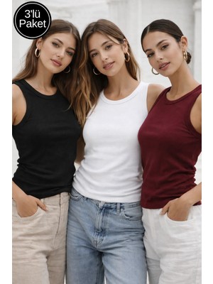 Rich Kadın 3'lü Paket Siyah-Beyaz-Koyu Bordo  Sıfır Kol Kaşkorse Body-Bisiklet Yaka %100 Pamuk Atlet Bluz