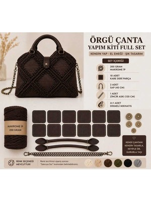 Özgürce Örgü Çanta Yapım Kiti, Makrome Ipli ve Deri Parçalarla Kendin Yap Seti