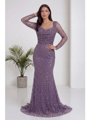 ZKS Grup Tekstil Kadın Boncuk Işlemeli Degaje Yaka Zarif Maxi Elbise Indigo, Lila, Kahverengi, Siyah