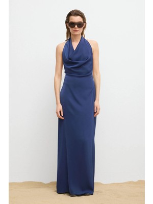 Love My Body Moda Tutkusu Degaje Yaka Uzun Elbise Indigo 124M2340000