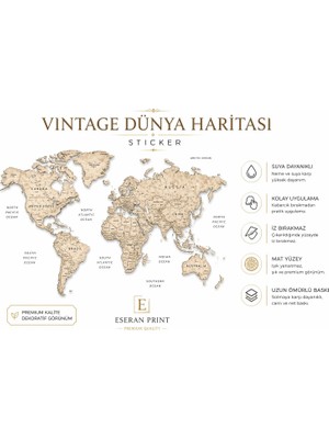 Eseran Print Vintage Dünya Haritası Duvar Sticker