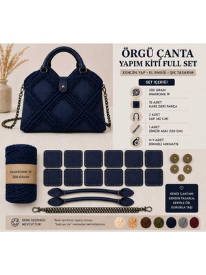 Özgürce Örgü Çanta Yapım Kiti, Makrome Ipli, Deri Parçalar, Kendin Yap Seti