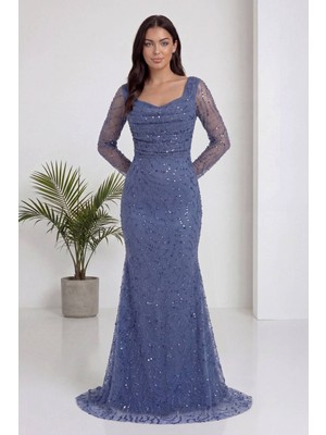 ZKS Grup Tekstil Kadın Boncuk Işlemeli Degaje Yaka Zarif Maxi Elbise Indigo, Lila, Kahverengi, Siyah