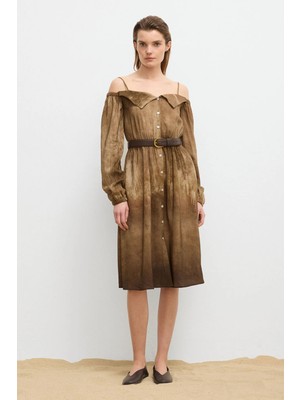 Love My Body Moda Tutkusu Omuzları Açık Gömlek Elbise Vizon 124M2335000