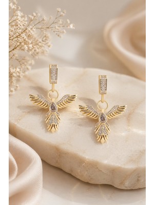 Lia Charm Vıp Seri Zirkon Taşlı Anka Kuşu Küpe - 14 Ayar Altın Kaplama Sallantılı Küpe