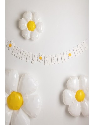 Le Mabelle Beyaz Papatya Temalı Happy Birthday Parti Banner