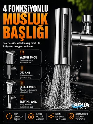 Aqua Sara Tasarruflu 4 Modlu Şelale Ayarlanabilir Musluk Başlığı Mutfak Eviye Bataryası Lavabo Bataryası