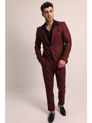 Bordo Düz Armür Erkek Takım Elbise - Slım Fıt