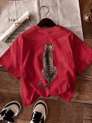 Oksit Oversize Arkası Leopar Baskılı Pamuklu Kadın T-Shirt Büyük Beden Kadın Tshirt