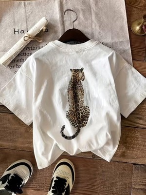 Oksit Oversize Arkası Leopar Baskılı Pamuklu Kadın T-Shirt Büyük Beden Kadın Tshirt
