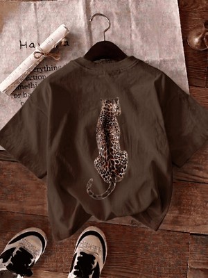 Oksit Oversize Arkası Leopar Baskılı Pamuklu Kadın T-Shirt Büyük Beden Kadın Tshirt