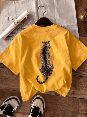 Oksit Oversize Arkası Leopar Baskılı Pamuklu Kadın T-Shirt Büyük Beden Kadın Tshirt