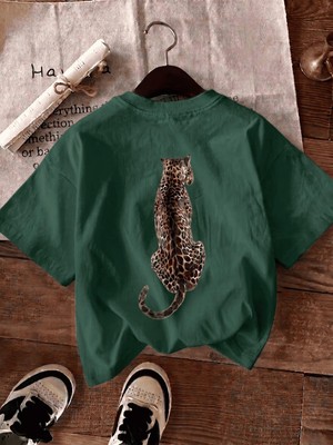 Oksit Oversize Arkası Leopar Baskılı Pamuklu Kadın T-Shirt Büyük Beden Kadın Tshirt
