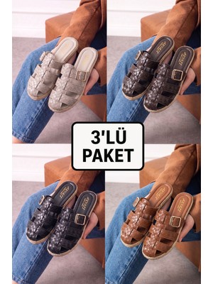 Albishoes 3'lü Karma Paket Önü Kapalı Yazlık Şık Kadın Terlik Hediyelik Günlük Çeyizlik Şık Terlik