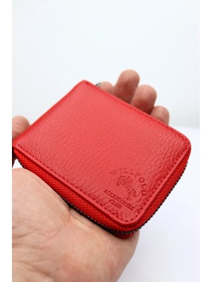 Willpolo Hakiki Deri Şeffaf Kartlıklı Fermuarlı Kırmızı Cüzdan Kartlık