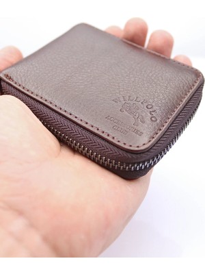 Willpolo Hakiki Deri Şeffaf Kartlıklı Fermuarlı Kahverengi Cüzdan Kartlık