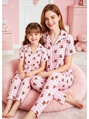 NiCe İç Giyim Anne & Kız Kombin Pijama Takım Pembe Beyaz Ekoseli Gömlek Yaka Kısa Kol Düğmeli Milan Kumaş ( Ayrı Satılır)
