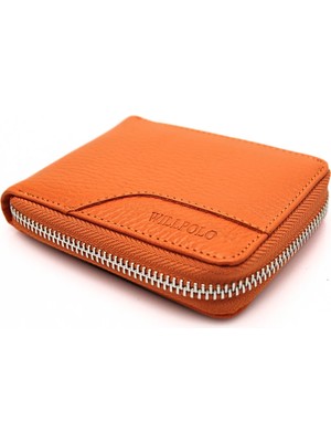 Willpolo WP781 Hakiki Deri Fermuarlı Cüzdan Fermuar Kapamalı Turuncu Unisex Deri Cüzdan