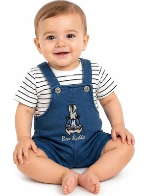Dinamik çocuk Erkek Bebek Çizgili Tişört+Tavşan Nakışlı Kot Salopet 2'li Yazlık Takım Şortlu Tulum 3-6-9-12-18AYLIK