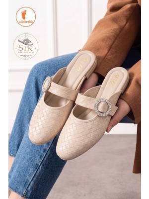 Albishoes Payetli Tokalı Şık Günlük Model Kadın Terlik Rahat Taban Toka Taş Detay Günlük Terlik
