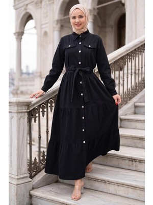 Kuşaklı Düğmeli Kot Elbise Siyah HM262764