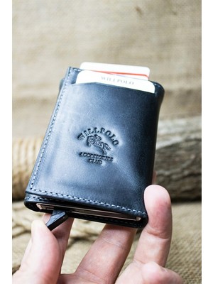 Willpolo Hakiki Deri Crazy Deri Mekanizmalı Siyah Kartlık Cüzdan