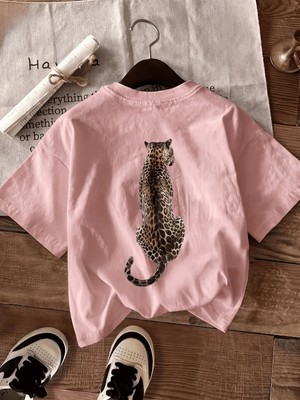 Oksit Oversize Arkası Leopar Baskılı Pamuklu Kadın T-Shirt Büyük Beden Kadın Tshirt