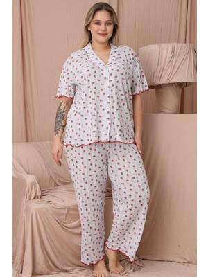 Wordex Mrn 1850 Çilekli Pointel Ince Kumaş Düğmeli Kısa Kollu Büyük Beden Kadın Pijama Takımı