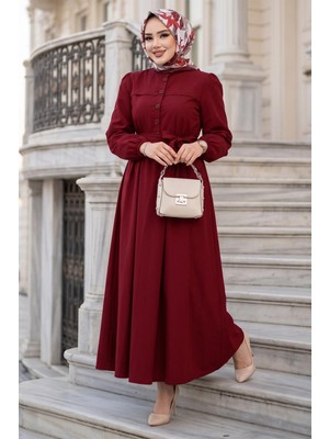 Hafsa Mina Beli Kuşaklı Terikoton Elbise Kırmızı HM2908