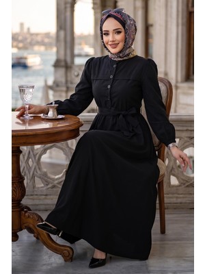 Hafsa Mina Beli Kuşaklı Terikoton Elbise Siyah HM2908