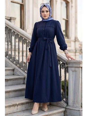Hafsa Mina Beli Kuşaklı Terikoton Elbise Lacivert HM2908