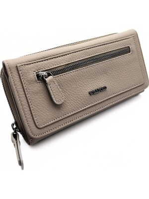 Willpolo Hakiki Deri Mıknatıs Kapaklı Uzun Boy Bej Rengi Kadın Cüzdan Portföy