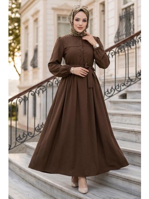 Hafsa Mina Beli Kuşaklı Terikoton Elbise Kahverengi HM2908