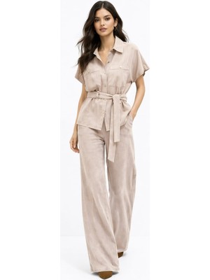 Qimya Butik Egzotik Asortik Kadın Kısa Kol Kuşaklı Sarı Düğmeli Ince Gömlek Ceket ve Beli Lastikli Pantolonlu Ikili Takım