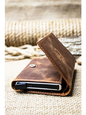 Willpolo Hakiki Deri Crazy Deri Mekanizmalı Açık Kahve Kartlık Cüzdan