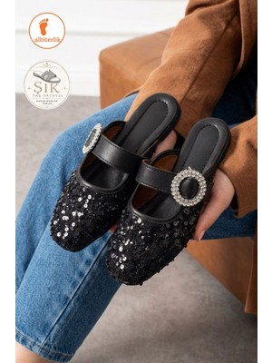 Albishoes Payetli Taş Tokalı Şık Günlük Model Kadın Terlik Rahat Taban Toka Taş Detay Günlük Terlik