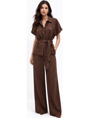 Qimya Butik Egzotik Asortik Kadın Kısa Kol Kuşaklı Sarı Düğmeli Ince Gömlek Ceket ve Beli Lastikli Pantolonlu Ikili Takım
