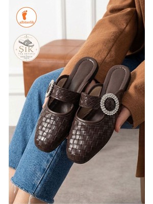 Albishoes Payetli Tokalı Şık Günlük Model Kadın Terlik Rahat Taban Toka Taş Detay Günlük Terlik