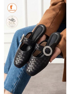 Albishoes Payetli Tokalı Şık Günlük Model Kadın Terlik Rahat Taban Toka Taş Detay Günlük Terlik