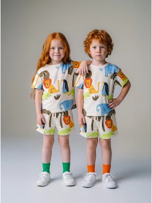 Premium Unisex Çocuk %100 Pamuk Renkli  Animals Baskılı Takım (2-3 Yaş 6-7 Yaş)