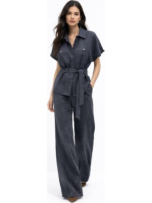 Qimya Butik Egzotik Asortik Kadın Kısa Kol Kuşaklı Sarı Düğmeli Ince Gömlek Ceket ve Beli Lastikli Pantolonlu Ikili Takım