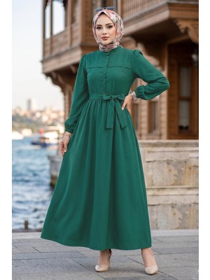 Hafsa Mina Beli Kuşaklı Terikoton Elbise Yeşil HM2908