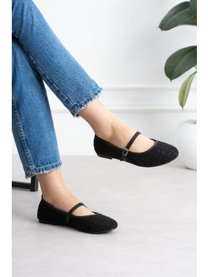 Shoetek Sawra Kadın Babet Önden Bantlı Tokalı Keten Dokumalı Siyah